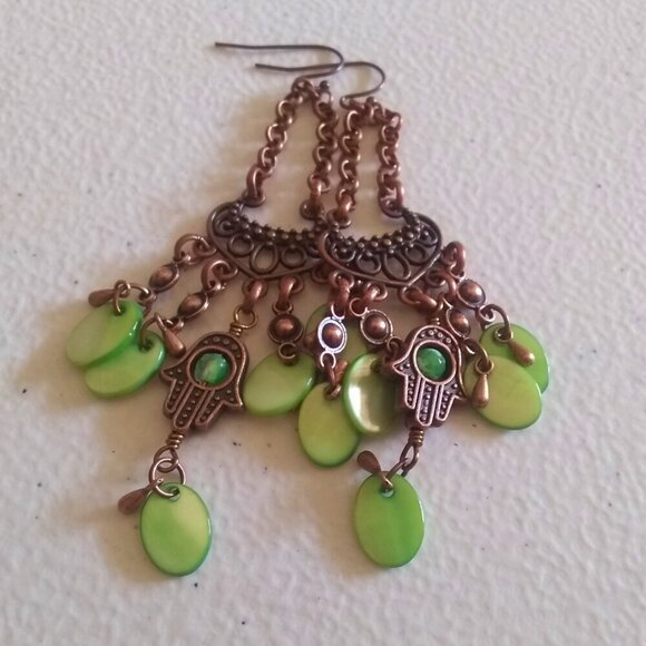 SouthWestern ~ Coastal Cowgirl! Chandelier Dangle Earrings! Copper & Aqua Shell - Picture 12 of 12